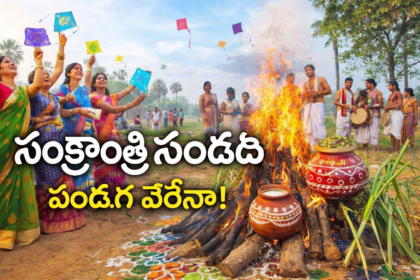 సంక్రాంతి పండుగ సందర్భంగా గ్రామీణ ప్రాంతంలో భోగి మంటల చుట్టూ కుటుంబ సభ్యులు, మహిళలు గాలిపటాలు ఎగరేస్తూ ఆనందంగా వేడుకలు జరుపుకుంటున్న దృశ్యం.