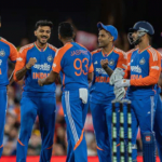 T20 World Cup cricket match with players celebrating on the field