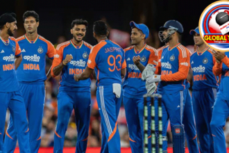 T20 World Cup cricket match with players celebrating on the field