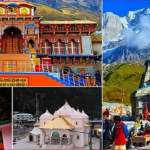 Devotees gathering at Kedarnath Temple in Uttarakhand during Char Dham Yatra opening ceremony with Himalayan mountains in the background.