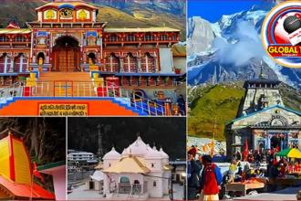 Devotees gathering at Kedarnath Temple in Uttarakhand during Char Dham Yatra opening ceremony with Himalayan mountains in the background.