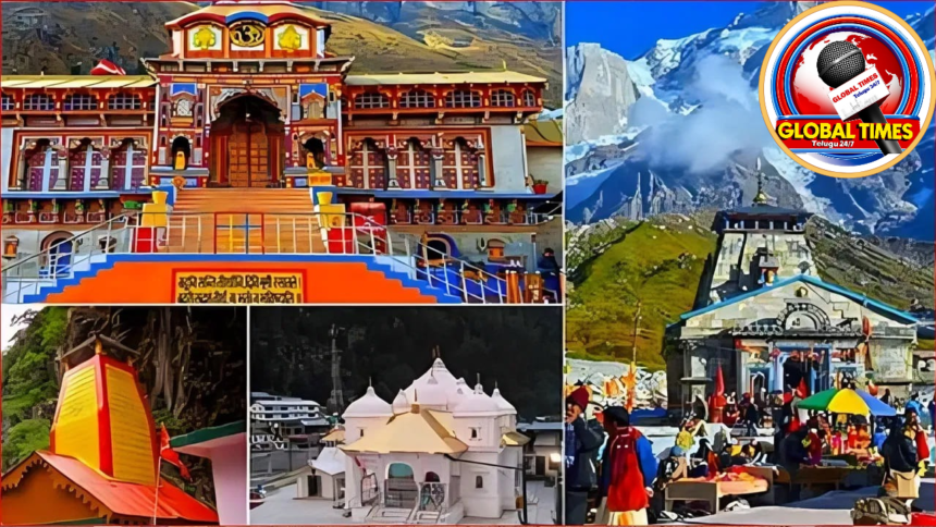 Devotees gathering at Kedarnath Temple in Uttarakhand during Char Dham Yatra opening ceremony with Himalayan mountains in the background.