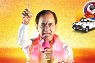 జగిత్యాలలో భారీ సభలో ప్రసంగిస్తున్న కేసీఆర్, పెద్ద ఎత్తున చేరుకున్న ప్రజలు మరియు పార్టీ కార్యకర్తల దృశ్యం