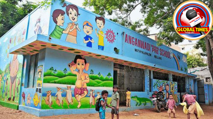 ఎండల వేడి మధ్య అంగన్వాడీ కేంద్రంలో పిల్లలకు పోషకాహారం అందిస్తున్న సిబ్బంది, వేసవి పరిస్థితులను సూచించే దృశ్యం